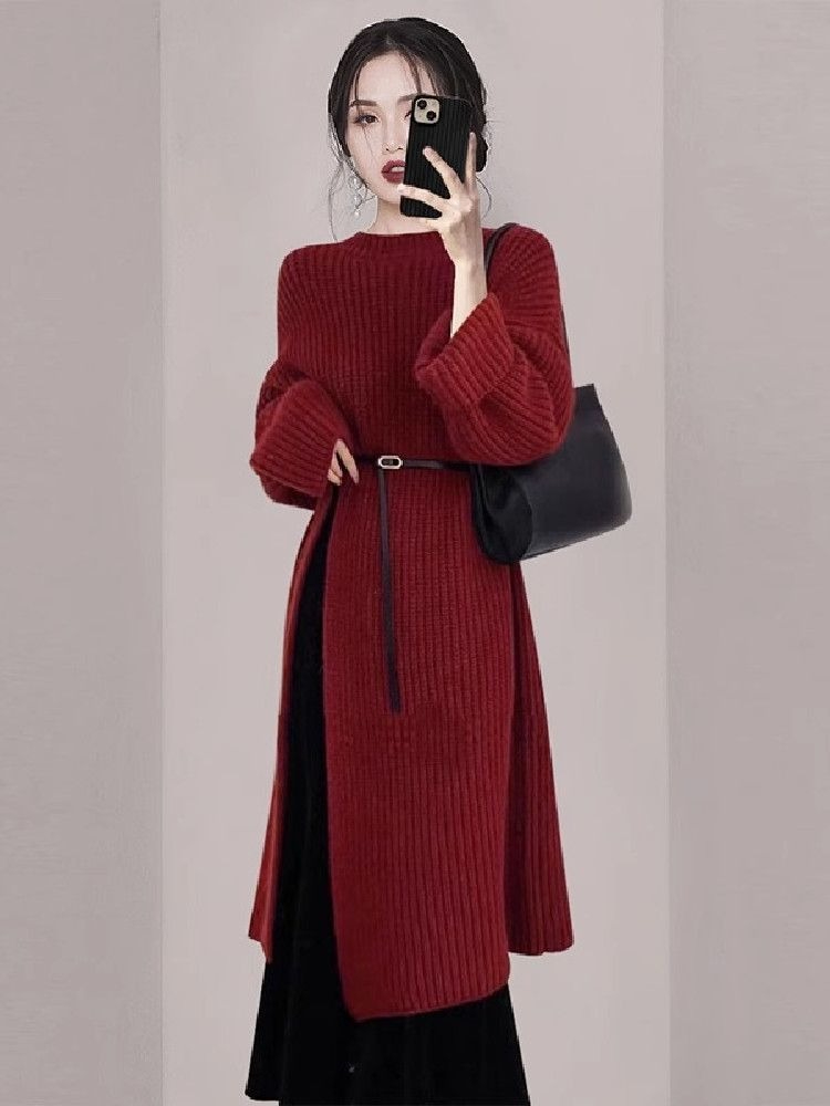 Winter Clothing H&M - Women Elegant Red Knit Dress Autumn
